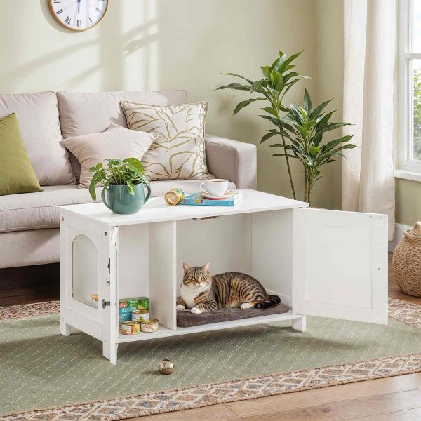 White Cat Litter Box Enclosure, Wooden Hidden Litter Furniture with Removable Divider, Multifunctional Cat House & End Side Table