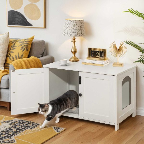 White Cat Litter Box Enclosure, Wooden Hidden Litter Furniture with Removable Divider, Multifunctional Cat House & End Side Table