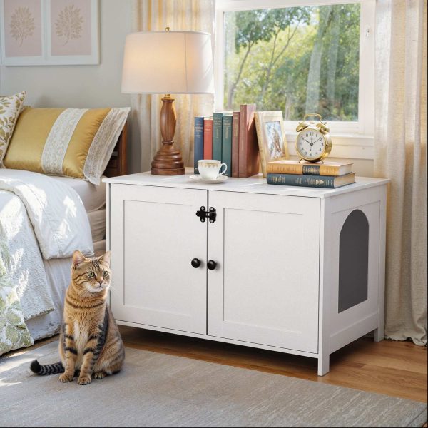 White Cat Litter Box Enclosure, Wooden Hidden Litter Furniture with Removable Divider, Multifunctional Cat House & End Side Table