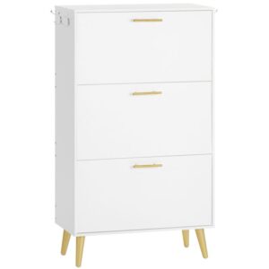 shoe cabinet, shoe storage cabinet for entryway, hidden tipping bucket shoe cabinet with 3 flip drawers, shoe rack organizer cabinet with coat hooks, for entryway, closet, white
