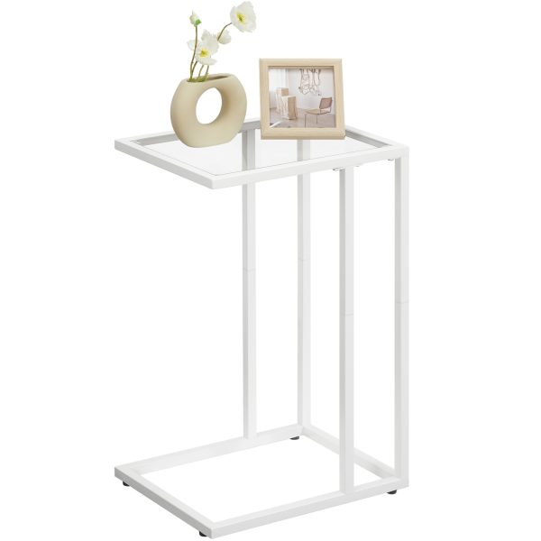 Table d'appoint en forme de C en verre trempé blanc avec structure en métal, Snack multifonctionnel de style moderne & Table de bout pour ordinateur portable pour petits espaces, Canapé, Canapé et lit