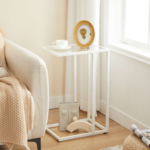 Table d'appoint en forme de C en verre trempé blanc avec structure en métal, Snack multifonctionnel de style moderne & Table de bout pour ordinateur portable pour petits espaces, Canapé, Canapé et lit