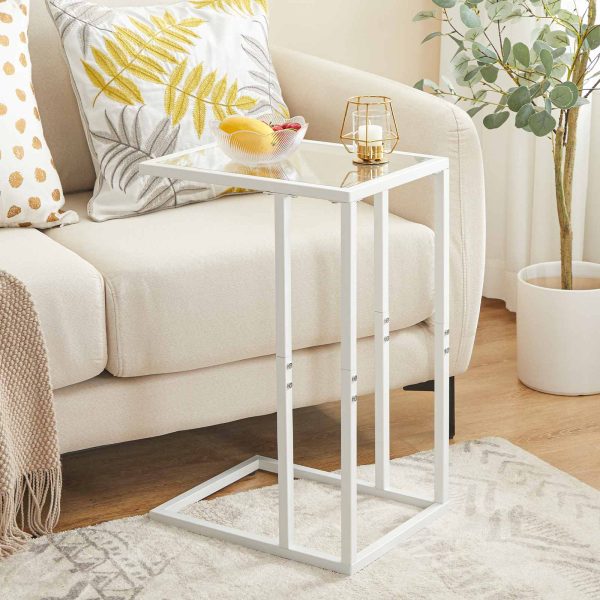 Table d'appoint en forme de C en verre trempé blanc avec structure en métal, Snack multifonctionnel de style moderne & Table de bout pour ordinateur portable pour petits espaces, Canapé, Canapé et lit