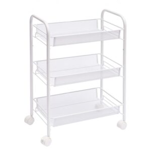 kitchen trolley with 4 360 rotating wheels, 3 levels serving trolley with removable basket shelves, 44 x 26 x 63 cm, sturdy metal shelves, for kitchen, bathroom, office, white