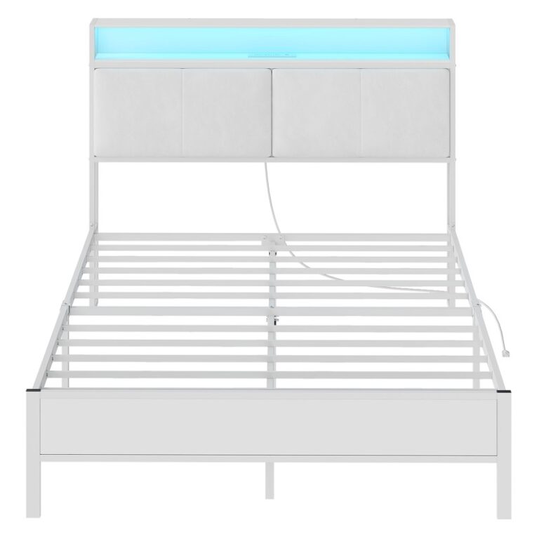 White Full Bed Frame, Metal Platform Bed Frame with Charging Station and LED Light, Headboard with Shelves, No Box Springs Needed
