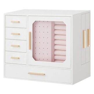 Ювелирная коробка со стеклянным окном, Органайзер для ювелирных изделий большой емкости, Хранение ювелирных изделий, Портативная коробка-органайзер для ювелирных изделий, Современный Стиль, Белое и светло -золото