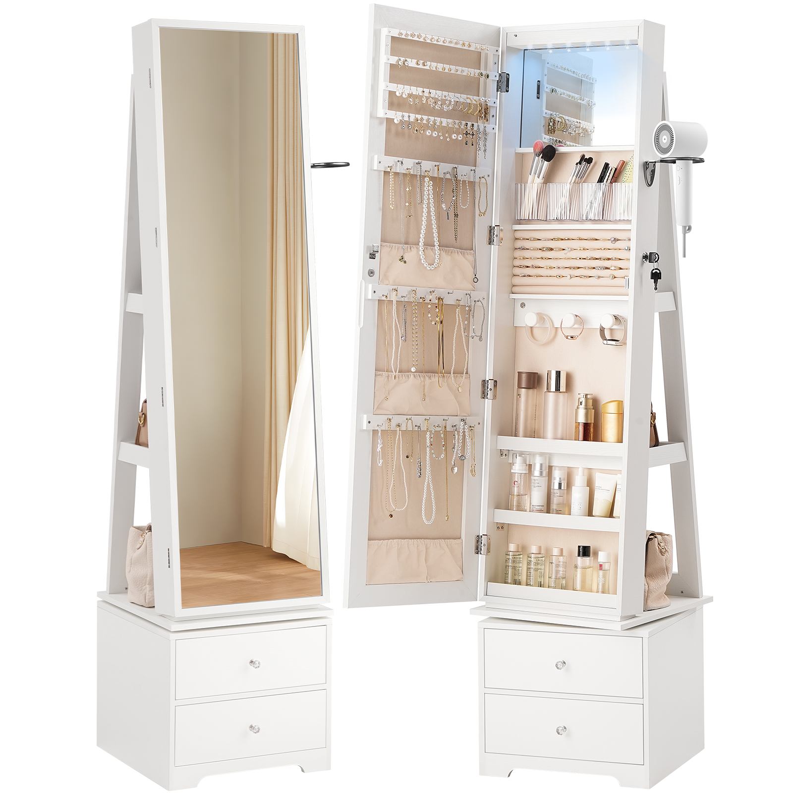 360° Swivel Jewelry Cabinet with LED Lights, Standing Jewelry Armoire with 2 Drawers, Full-Length Mirrored Jewelry Organizer, Lockable Jewelry Cabinet, Makeup Brush Boxes, White