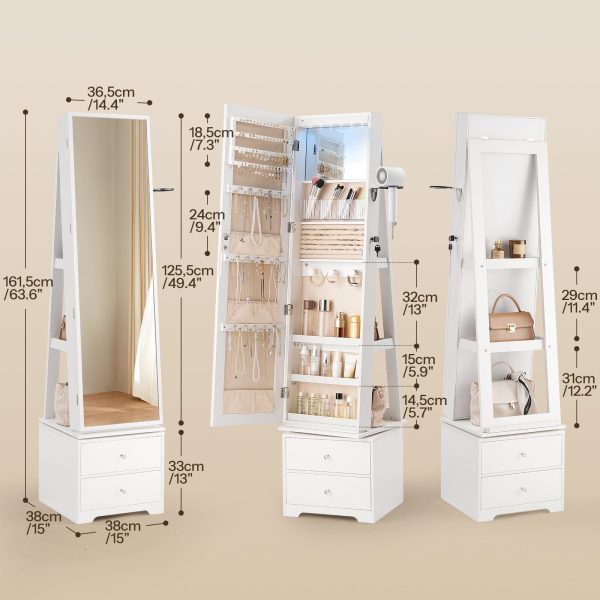 360° Swivel Jewelry Cabinet with LED Lights, Standing Jewelry Armoire with 2 Drawers, Full-Length Mirrored Jewelry Organizer, Lockable Jewelry Cabinet, Makeup Brush Boxes, White