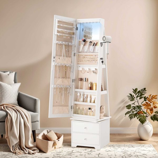 360° Swivel Jewelry Cabinet with LED Lights, Standing Jewelry Armoire with 2 Drawers, Full-Length Mirrored Jewelry Organizer, Lockable Jewelry Cabinet, Makeup Brush Boxes, White