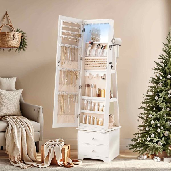 360° Swivel Jewelry Cabinet with LED Lights, Standing Jewelry Armoire with 2 Drawers, Full-Length Mirrored Jewelry Organizer, Lockable Jewelry Cabinet, Makeup Brush Boxes, White