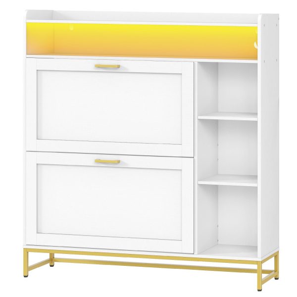Narrow Flip-Top Shoe Cabinet with LED Atmosphere Strip, Adjustable Shelves & Versatile Storage, Entryway Organizer for Hallway/Coatroom, White & Gold