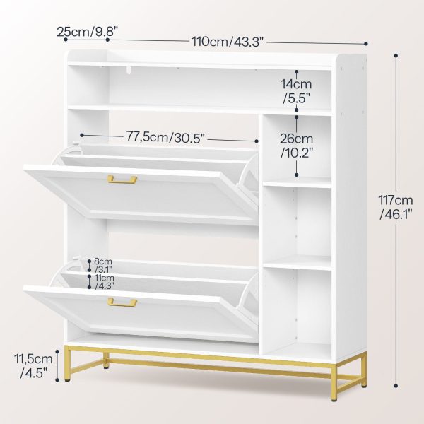 Narrow Flip-Top Shoe Cabinet with LED Atmosphere Strip, Adjustable Shelves & Versatile Storage, Entryway Organizer for Hallway/Coatroom, White & Gold