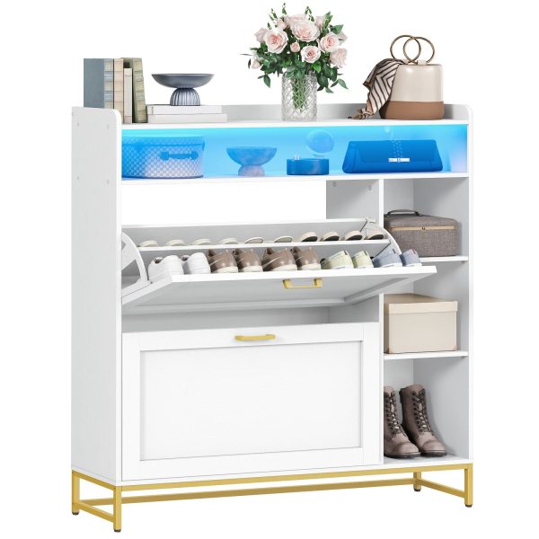 Narrow Flip-Top Shoe Cabinet with LED Atmosphere Strip, Adjustable Shelves & Versatile Storage, Entryway Organizer for Hallway/Coatroom, White & Gold