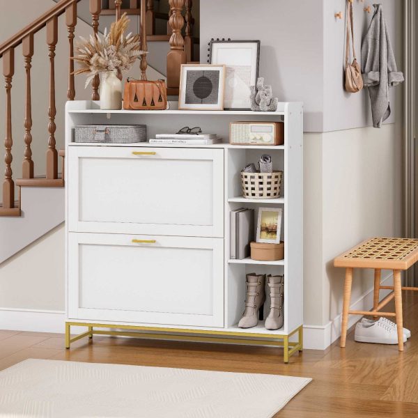 Narrow Flip-Top Shoe Cabinet with LED Atmosphere Strip, Adjustable Shelves & Versatile Storage, Entryway Organizer for Hallway/Coatroom, White & Gold