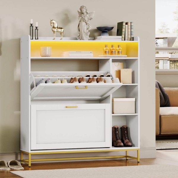 Narrow Flip-Top Shoe Cabinet with LED Atmosphere Strip, Adjustable Shelves & Versatile Storage, Entryway Organizer for Hallway/Coatroom, White & Gold