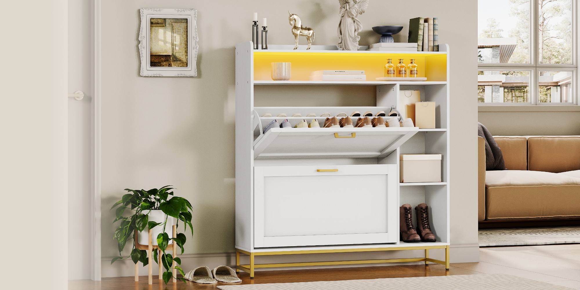 Narrow Flip-Top Shoe Cabinet with LED Atmosphere Strip, Adjustable Shelves & Versatile Storage, Entryway Organizer for Hallway/Coatroom, White & Gold