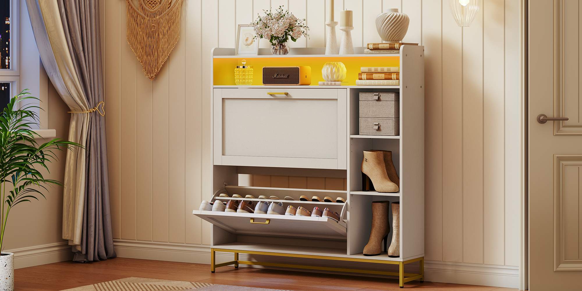 Narrow Flip-Top Shoe Cabinet with LED Atmosphere Strip, Adjustable Shelves & Versatile Storage, Entryway Organizer for Hallway/Coatroom, White & Gold