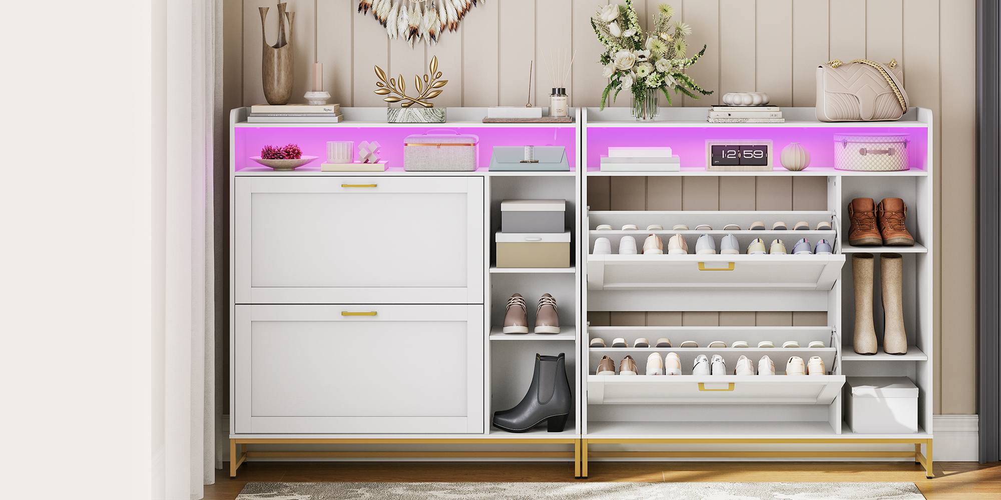 Narrow Flip-Top Shoe Cabinet with LED Atmosphere Strip, Adjustable Shelves & Versatile Storage, Entryway Organizer for Hallway/Coatroom, White & Gold