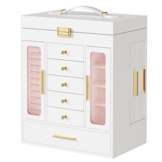 Pudełko na biżuterię, Pudełko z organizerem na biżuterię, Górna pokrywa z lusterkiem, Wyjmowane szuflady, 10.2" L x 6,5" W x 12,6" H, dla siebie lub swoich bliskich, Biały