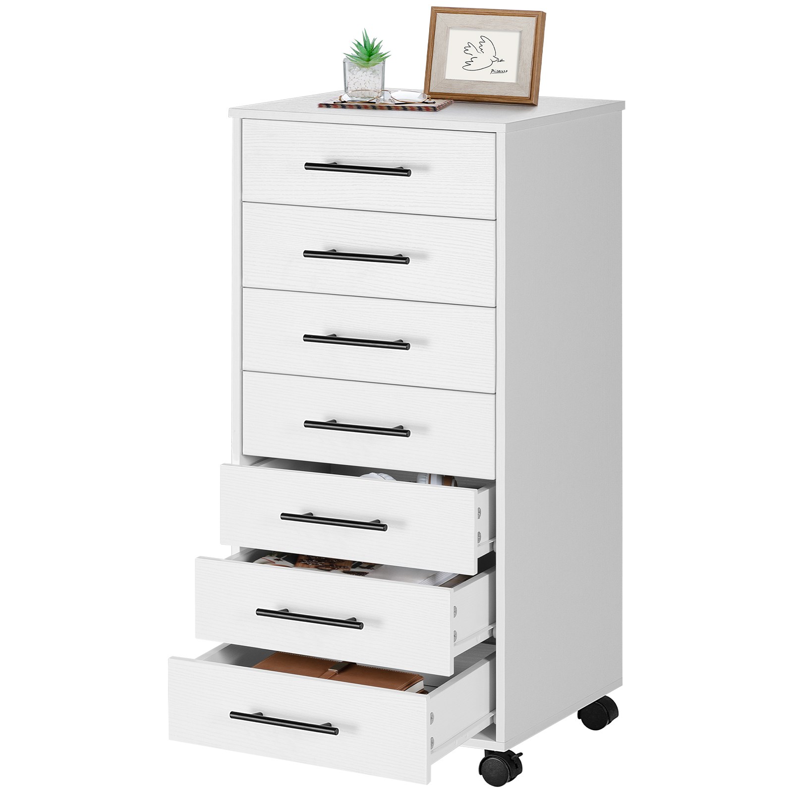 7-Drawer White Storage Chest, Aktenschrank aus Holz mit Schubladen, Multifunctional Storage Cabinet for Home Office and Study, Leicht zusammenzubauen