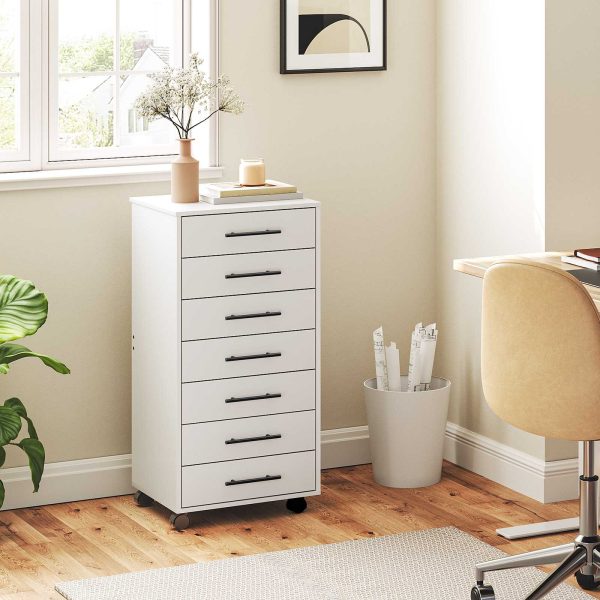 7-Lade Witte Opbergkist, Houten archiefkast met laden, Multifunctionele opbergkast voor thuiskantoor en studeerkamer, Eenvoudig te monteren