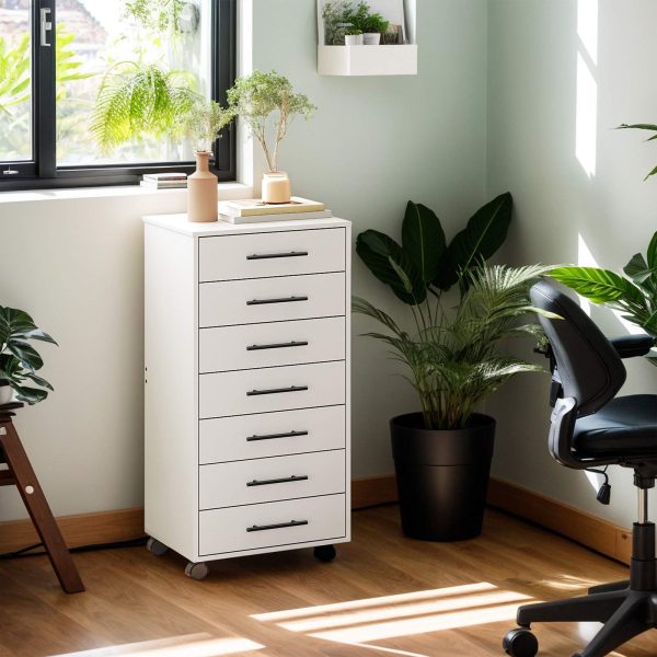 7-Lade Witte Opbergkist, Houten archiefkast met laden, Multifunctionele opbergkast voor thuiskantoor en studeerkamer, Eenvoudig te monteren