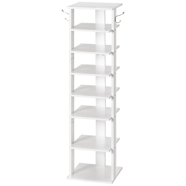 8-Tier Vertical Shoe Organizer, Narrow Space-Saving Rack with 2 Hanging Hooks, Holds 8 Pairs of Shoes, Stable Durable Structure, Suitable for Entryway, Living Room, Bedroom, White