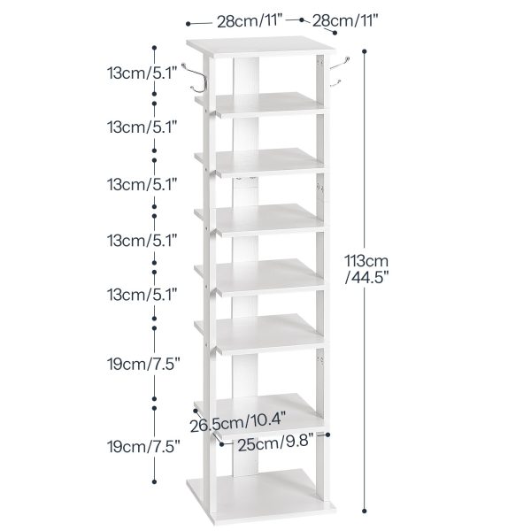 8-Tier Vertical Shoe Organizer, Narrow Space-Saving Rack with 2 Hanging Hooks, Holds 8 Pairs of Shoes, Stable Durable Structure, Suitable for Entryway, Living Room, Bedroom, White