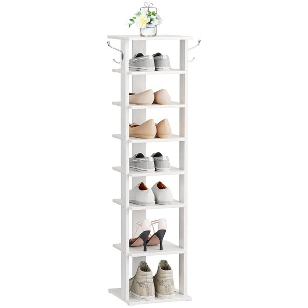 8-Tier Vertical Shoe Organizer, Narrow Space-Saving Rack with 2 Hanging Hooks, Holds 8 Pairs of Shoes, Stable Durable Structure, Suitable for Entryway, Living Room, Bedroom, White