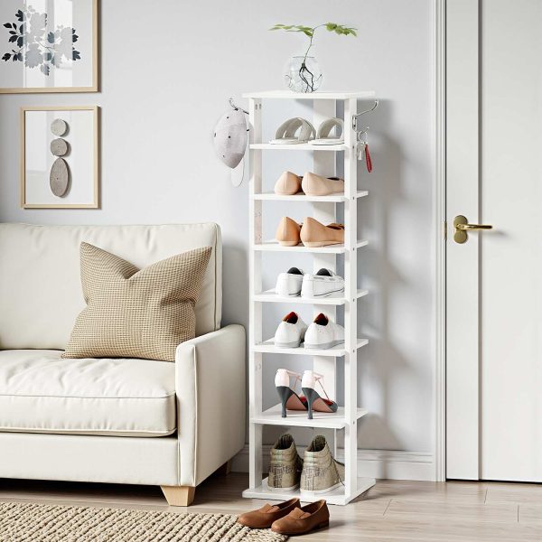 8-Tier Vertical Shoe Organizer, Narrow Space-Saving Rack with 2 Hanging Hooks, Holds 8 Pairs of Shoes, Stable Durable Structure, Suitable for Entryway, Living Room, Bedroom, White
