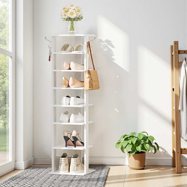 8-Tier Vertical Shoe Organizer, Narrow Space-Saving Rack with 2 Hanging Hooks, Holds 8 Pairs of Shoes, Stable Durable Structure, Suitable for Entryway, Living Room, Bedroom, White