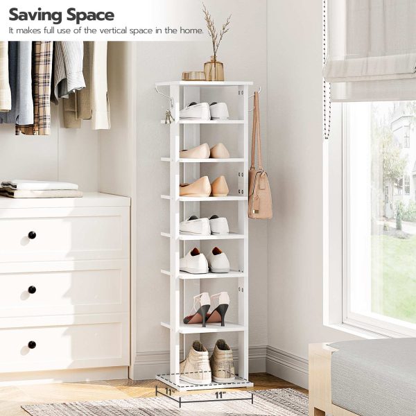 8-Tier Vertical Shoe Organizer, Narrow Space-Saving Rack with 2 Hanging Hooks, Holds 8 Pairs of Shoes, Stable Durable Structure, Suitable for Entryway, Living Room, Bedroom, White