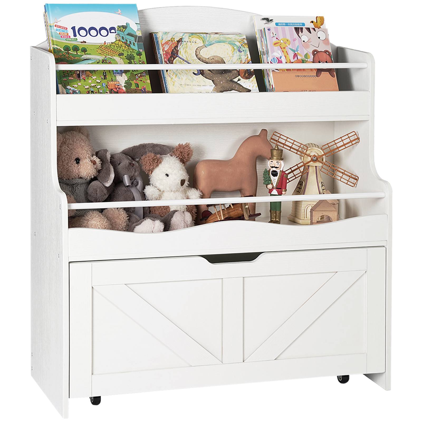 White Children's Bookshelf and Toy Storage Organizer, Equipped with Movable Drawer and Crossbar, Multi-Functional Bookcase for Display, Suitable for Playroom or Nursery