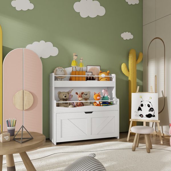 White Children's Bookshelf and Toy Storage Organizer, Equipped with Movable Drawer and Crossbar, Multi-Functional Bookcase for Display, Suitable for Playroom or Nursery