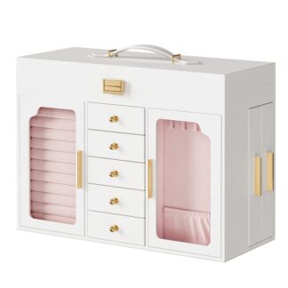 Biżuteria z lustrem, Pudełko na biżuterię o dużej pojemności, Pudełko do przechowywania biżuterii, Szklane okno, Wyjmowane szuflady, Prezent świąteczny, dla siebie lub swoich bliskich, Biały