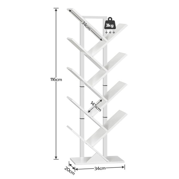 9-Tierförmiges, hohes Bücherregal in Baumform, Weißes Bücherregal aus Holz mit Metallrahmen, Bodenstehendes Aufbewahrungsregal für CDs und Alben, Geeignet für Wohnzimmer, Küche und Heimbüro