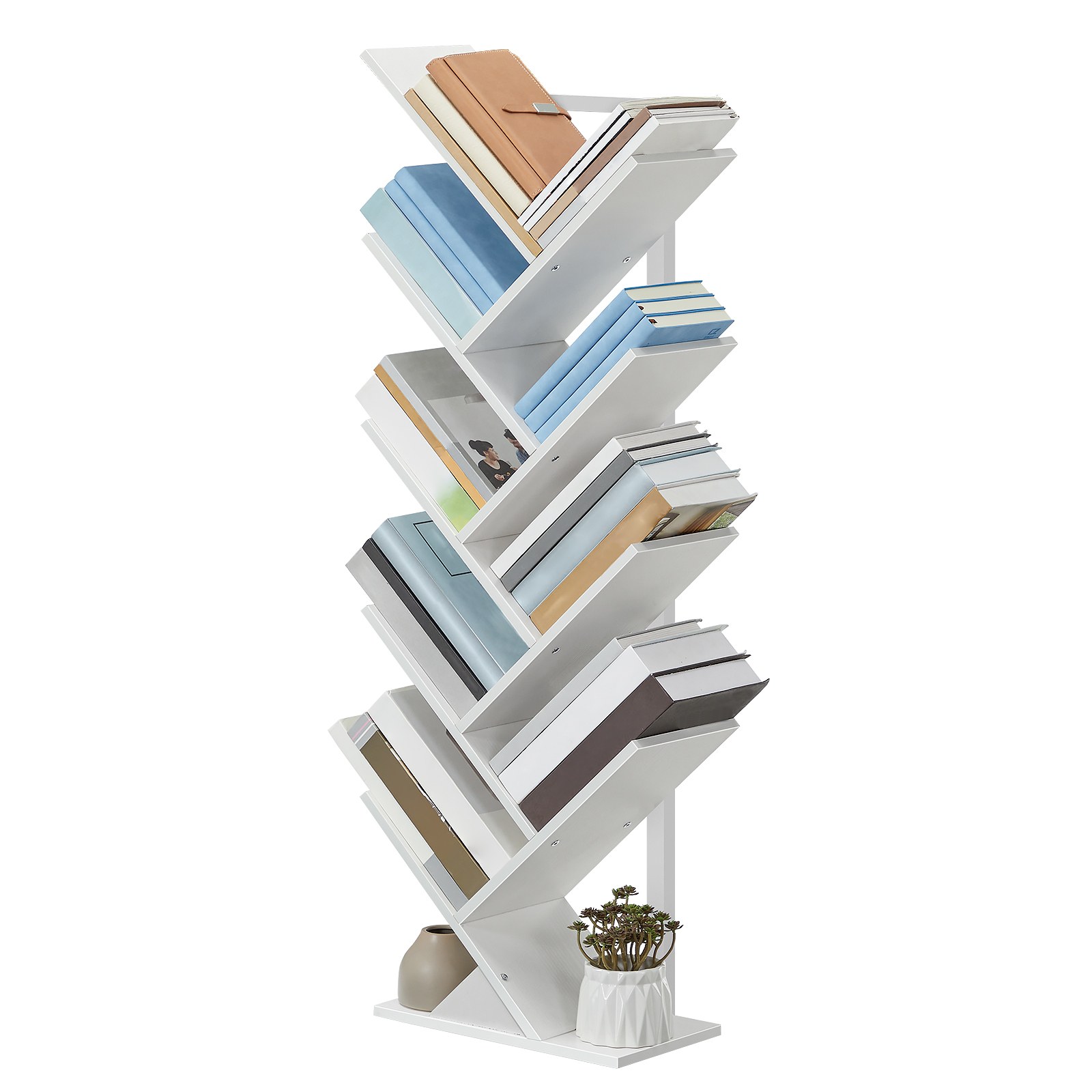 9-Tier Tree-Shaped Tall Bookshelf, White Wooden Bookcase with Metal Frame, Floor-Standing Storage Shelf for CDs and Albums, Suitable for Living Room, Kitchen and Home Office
