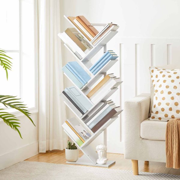 9-Tierförmiges, hohes Bücherregal in Baumform, Weißes Bücherregal aus Holz mit Metallrahmen, Bodenstehendes Aufbewahrungsregal für CDs und Alben, Geeignet für Wohnzimmer, Küche und Heimbüro