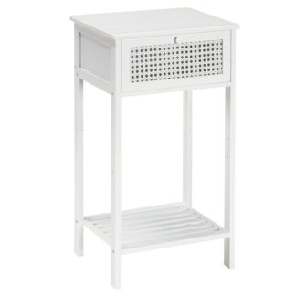 Tavolo finale, Tavolino in bambù con cassetto, Comodino in rattan per piccoli spazi, Comodino alto, Tavolino per telefono facile da montare, per camera da letto, Soggiorno, Sala studio, Bianco