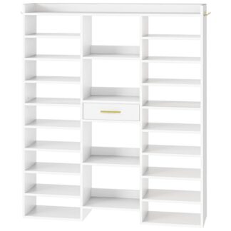 10 رف أحذية الطبق طويل القامة, خزانة الأحذية طويلة, 47" رف أحذية كبير, منظم خزانة الأحذية الخشبية مع Cubbies ودرج النسيج, ل 25-33 أزواج من الأحذية, قائما بذاته, للخزانة, أبيض