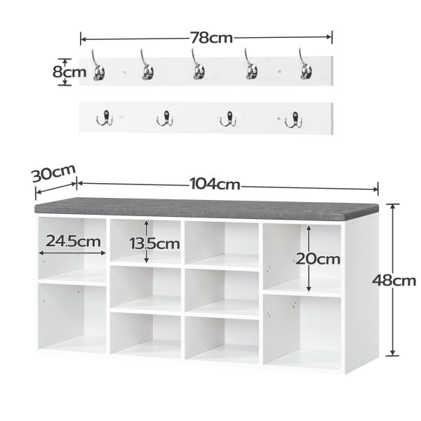 Panca portaoggetti multifunzionale da ingresso con cuscino, 10 Compartimenti & 9 Ganci appendiabiti, Panca scarpiera per ingresso, Corridoio e camera da letto, Bianco & Grigio