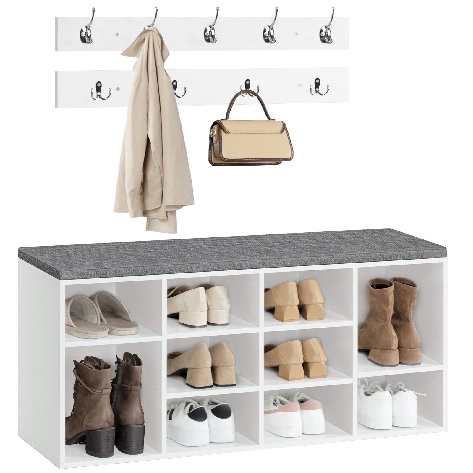 Multifunctional Entryway Storage Bench with Cushion, 10 Compartments & 9 Coat Hooks, Shoe Rack Bench for Entryway, Hallway and Bedroom, White & Gray