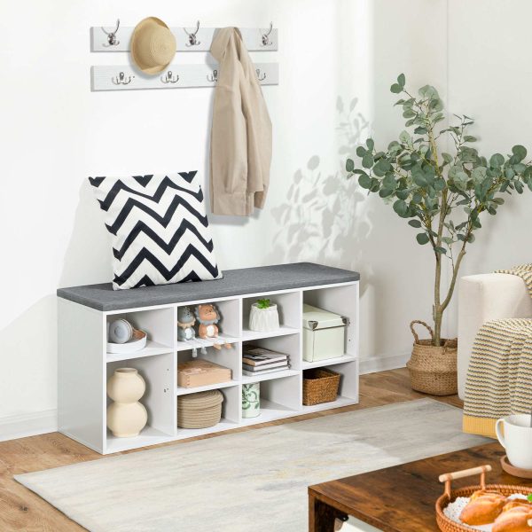 Panca portaoggetti multifunzionale da ingresso con cuscino, 10 Compartimenti & 9 Ganci appendiabiti, Panca scarpiera per ingresso, Corridoio e camera da letto, Bianco & Grigio
