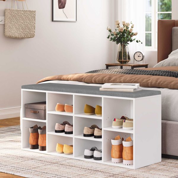 Panca portaoggetti multifunzionale da ingresso con cuscino, 10 Compartimenti & 9 Ganci appendiabiti, Panca scarpiera per ingresso, Corridoio e camera da letto, Bianco & Grigio