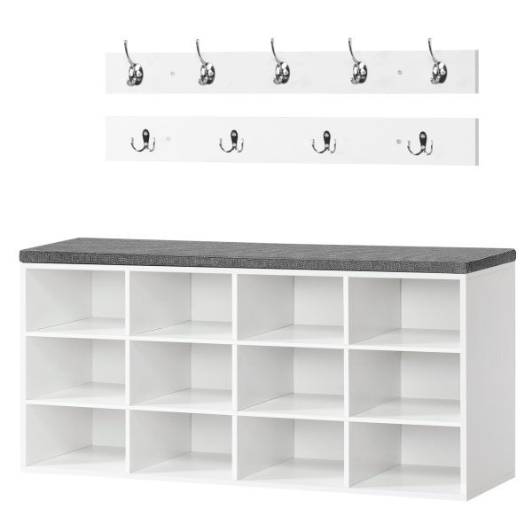 مقعد تخزين أحذية متعدد الوظائف للمدخل مع وسادة, 100سم قاعة شجرة مع رف معطف & 12 كابيز, خزانة رف الأحذية لغرفة النوم & المدخل, أبيض & رمادي