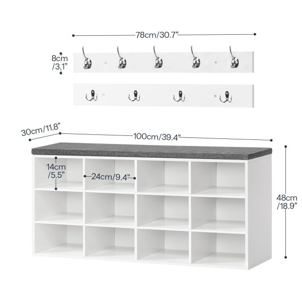 مقعد تخزين أحذية متعدد الوظائف للمدخل مع وسادة, 100سم قاعة شجرة مع رف معطف & 12 كابيز, خزانة رف الأحذية لغرفة النوم & المدخل, أبيض & رمادي