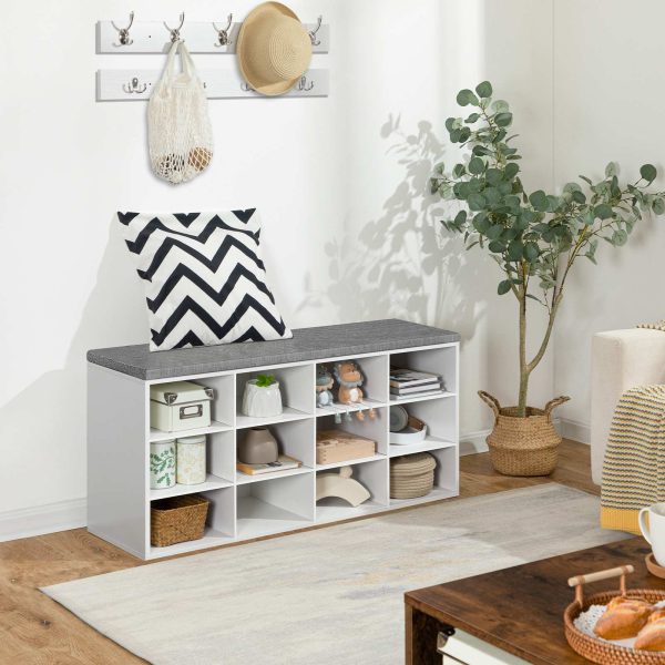 مقعد تخزين أحذية متعدد الوظائف للمدخل مع وسادة, 100سم قاعة شجرة مع رف معطف & 12 كابيز, خزانة رف الأحذية لغرفة النوم & المدخل, أبيض & رمادي
