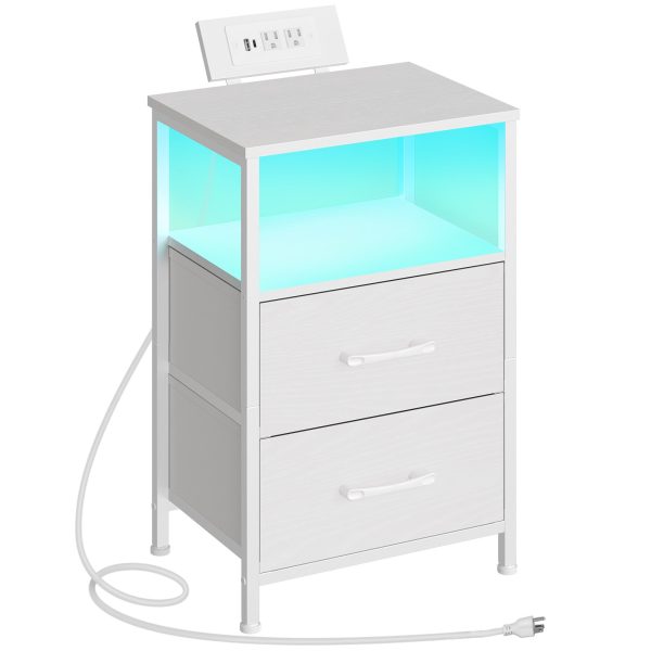 White Bedside Nightstand with Charging Station, LED Illuminated End Table with 2 Fabric Drawers, Equipped with 2 AC Outlets and USB Port, Compact Storage Night Stand for Bedroom