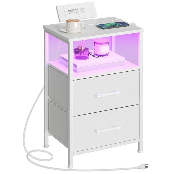 White Bedside Nightstand with Charging Station, LED Illuminated End Table with 2 Fabric Drawers, Equipped with 2 AC Outlets and USB Port, Compact Storage Night Stand for Bedroom