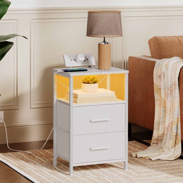 White Bedside Nightstand with Charging Station, LED Illuminated End Table with 2 Fabric Drawers, Equipped with 2 AC Outlets and USB Port, Compact Storage Night Stand for Bedroom